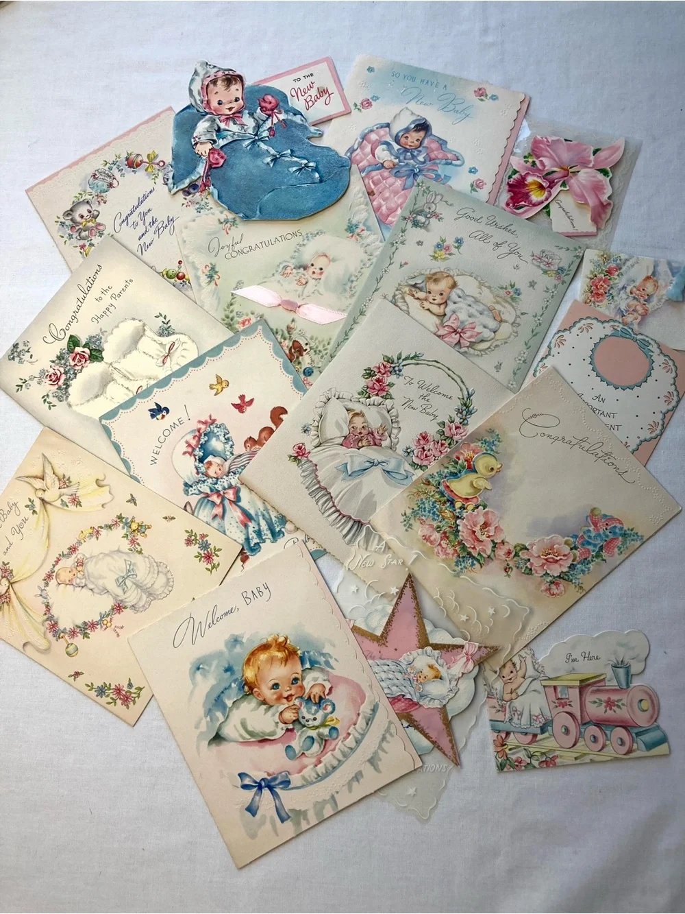Vintage 1950's New Baby Greeting Card Assortment - Pink & Blue